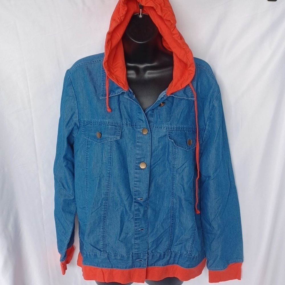 90s Style Hooded Denim Jacket Button Clasp Closure Womens Large